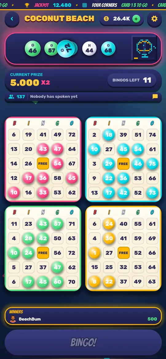 Live-Bingoraum mit 75 Kugeln, vier Karten und der Gewinnertafel