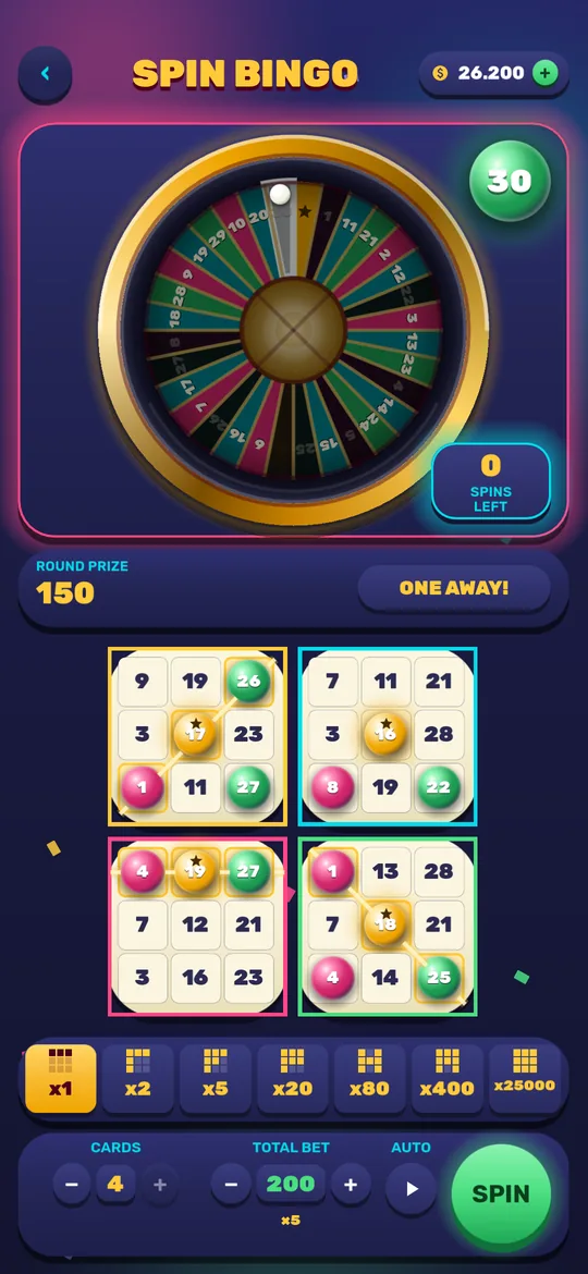 Spin-Bingo: das Rad mit Kugel und vier 3×3-Karten