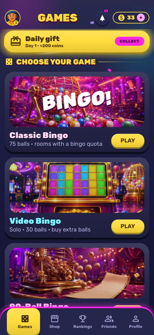 Startbildschirm von Bingo Club mit den Spielkarten und dem Tagesgeschenk