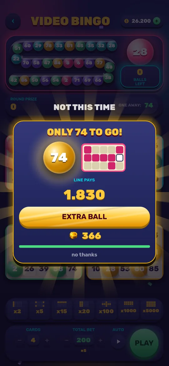 Angebot für eine Extrakugel im Video Bingo, mit blinkender fehlender Zahl