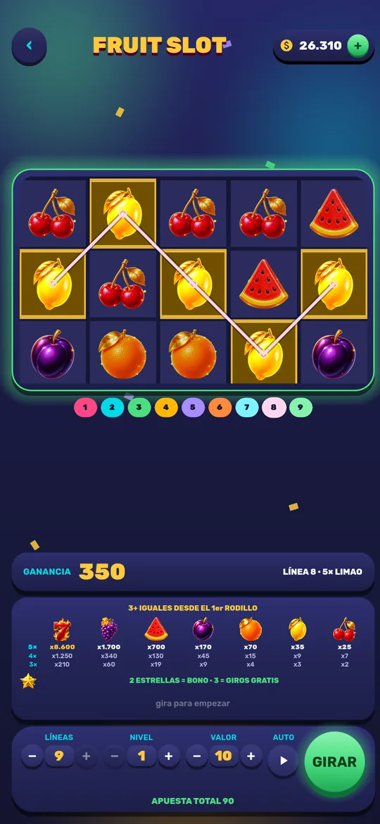 Máquina de Bingo Slots de Bingo Club con cinco rodillos, nueve líneas y la tabla de pagos