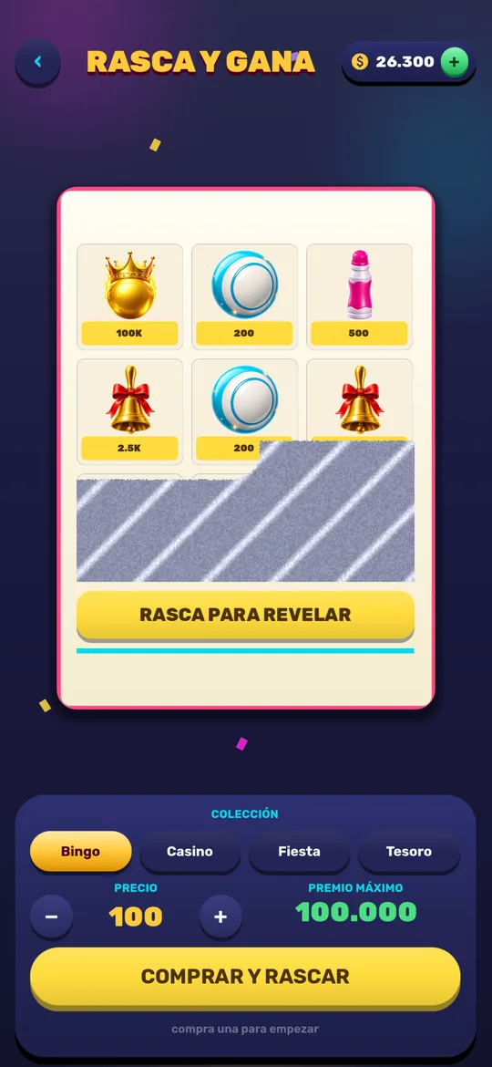 Rasca y gana de Bingo Club con nueve casillas para rascar con el dedo