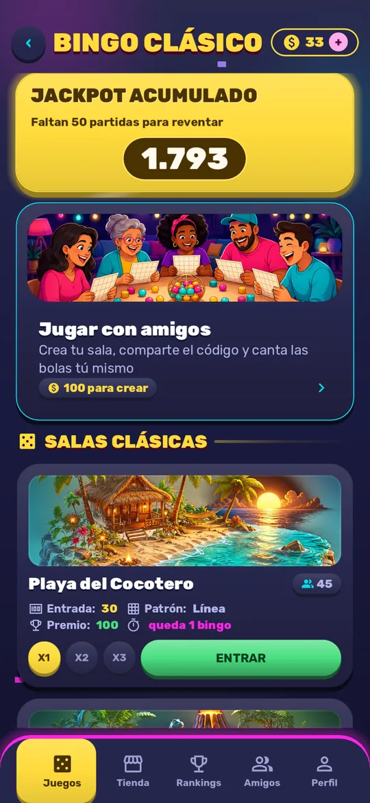 Lobby del bingo con las salas temáticas, la entrada y el premio de cada una
