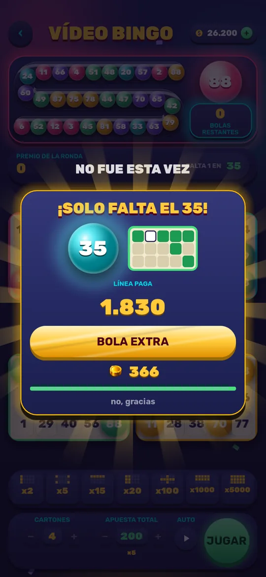 Oferta de bola extra en el vídeo bingo, con el número que falta parpadeando