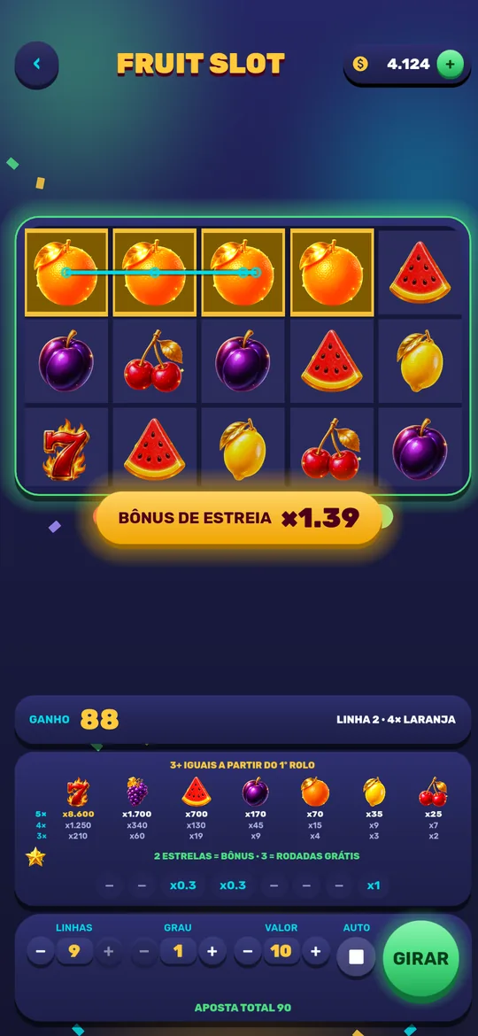 Máquina de Bingo Slots do Bingo Club com cinco rolos, nove linhas e a tabela de pagamento