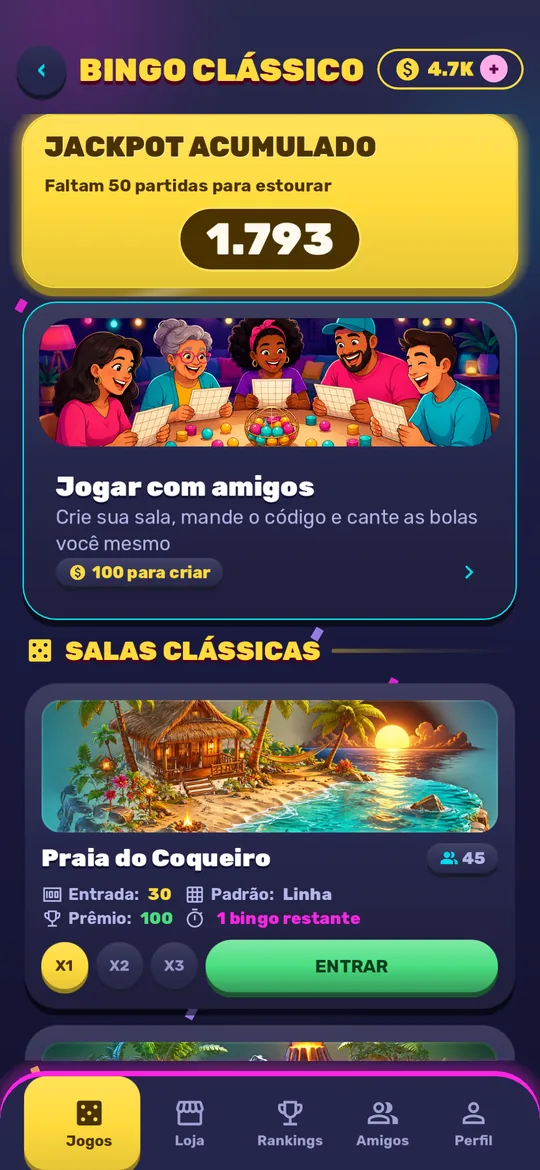 Lobby do bingo com as salas temáticas, entrada e prêmio de cada uma
