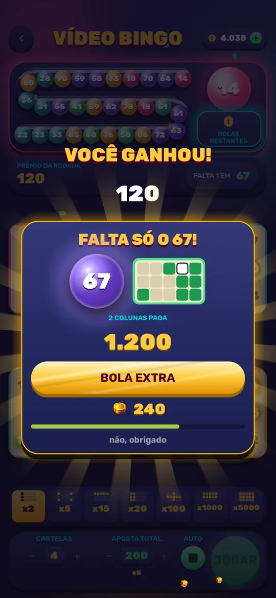 Oferta de bola extra no vídeo bingo, com o número que falta piscando